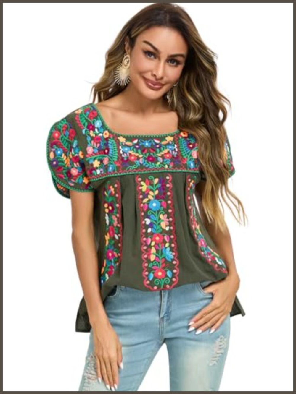 Women's Embroidered Cotton Peasant Tunic Blouse Boho Summer Top